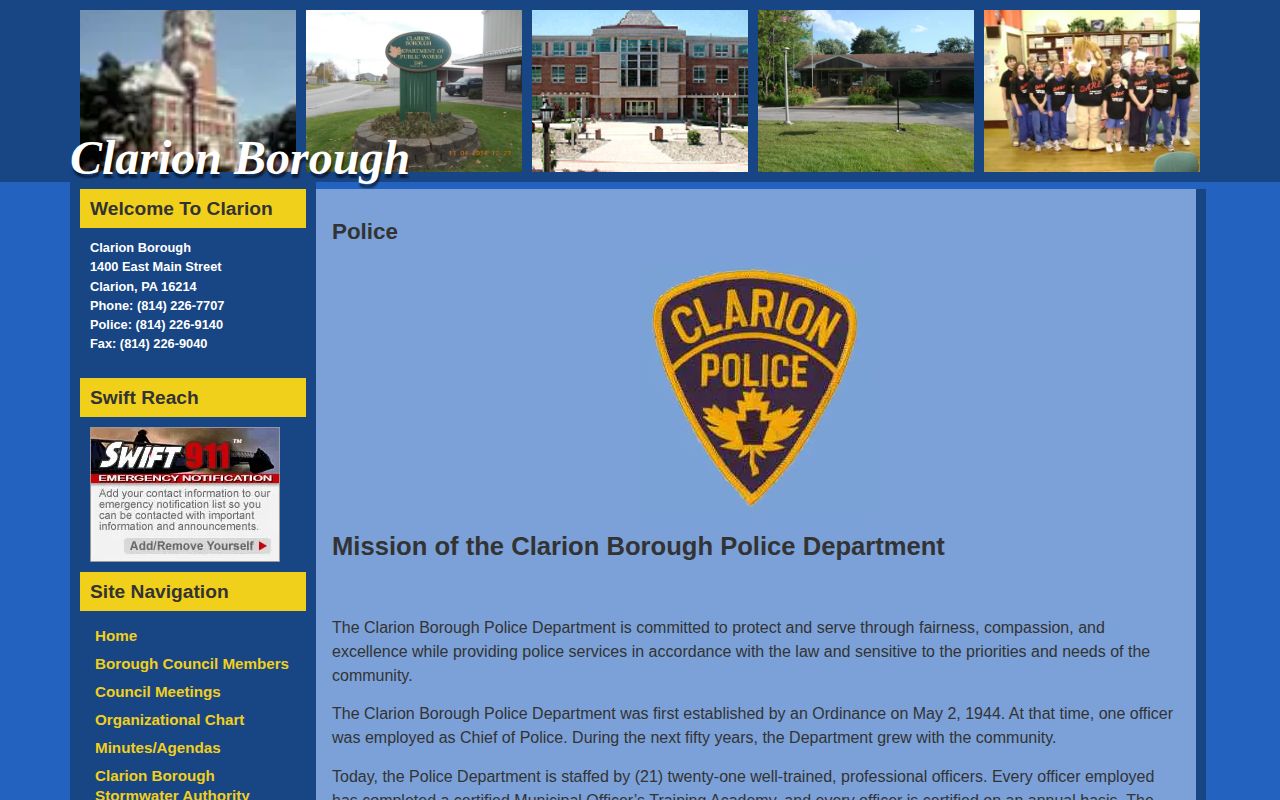 Clarion Borough Police official information page for arrest-record contacts