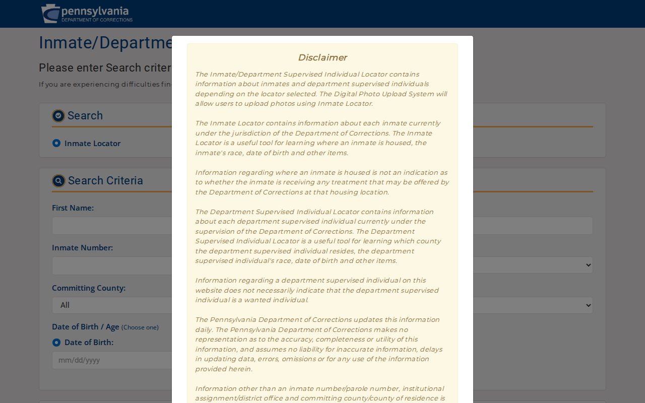 Pennsylvania Department of Corrections Clarion County state custody record locator